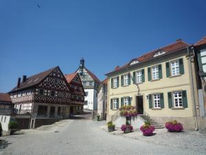 a group of buildings with flowers on a street at Hotel Drei Kronen in Burgkunstadt