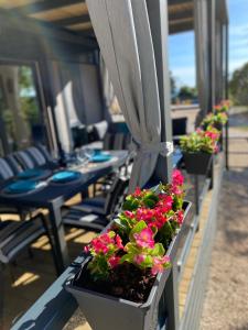 a row of plants on a balcony with tables and chairs at Mobile Home BIONDINA Camp Porton Biondi in Rovinj