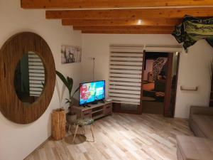 un soggiorno con TV e specchio di Green Corner Apartment a Yaiza