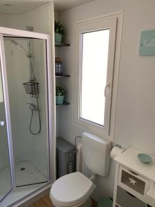 uma casa de banho com um WC, um chuveiro e uma janela. em Mobile Home BIONDINA Camp Porton Biondi em Rovinj