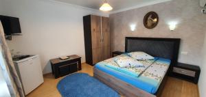 1 dormitorio con 1 cama y reloj en la pared en Pension Charisma, en Băile Herculane