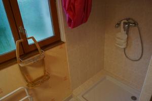 a bathroom with a shower with a shower head at La petite maison dans la prairie in Cassaignes +33 photos