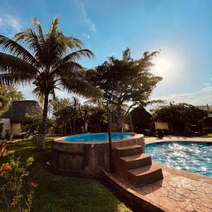 - une piscine avec des escaliers à côté d'un palmier dans l'établissement Mangrove King Fishing Lodge, à Tenabó