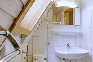 a bathroom with a sink and a mirror at An der Steilküste Finnhütte 05 in Boltenhagen