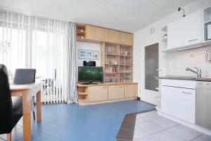 a kitchen with a sink and a tv and a table at Likedeeler Wohnung 12 in Boltenhagen