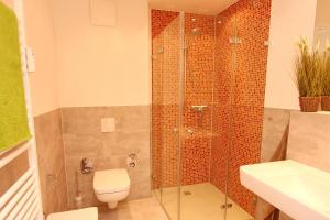 ein Bad mit einer Dusche, einem WC und einem Waschbecken in der Unterkunft Residenz von Flotow Wohnung 03 in Heiligendamm