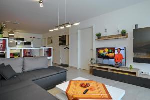 ein Wohnzimmer mit einem Sofa und einem Flachbild-TV in der Unterkunft Linden-Palais Wohnung 02 in Heiligendamm
