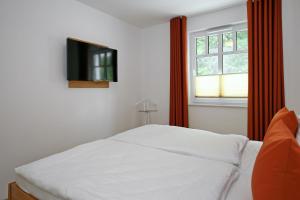 ハイリゲンダムにあるLinden-Palais Wohnung 13のベッドルーム1室(ベッド1台、壁掛けテレビ付)