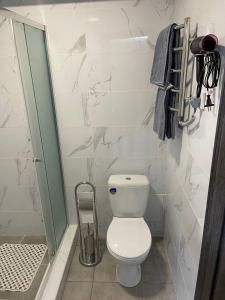 uma casa de banho com um WC e um chuveiro em Апартаменты VIP в центре города. Гагарина 39 em Krivoy Rog