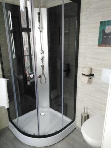 a glass shower in a bathroom with a toilet at Les Remparts in Montreuil-sur-Mer