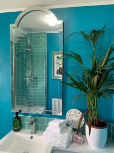 a bathroom with blue walls and a sink with a potted plant at SW Bed & Breakfast in Swindon