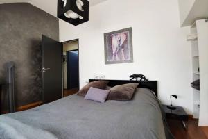 a bedroom with a large bed with purple pillows at Loft 5* Centre, terras. park babyfoot clim vélos in Montélimar