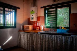cocina con fregadero y microondas en Cabañas Nueve Lunas en Santa Rosa de Calamuchita