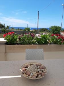 トッレ・サン・ジョヴァンニ・ウジェントにあるLa Maison Blue Salento - Villetta e monolocale fronte e vista mareの花のテーブルに座る岩鉢
