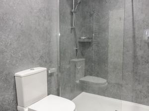 a bathroom with a white toilet and a shower at Shore View in Burntisland