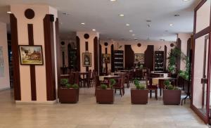 un restaurante con mesas, sillas y macetas en Hotel Gorna Banya, en Sofía