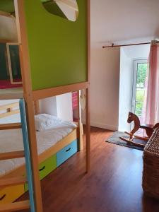 a bedroom with a bunk bed with a green wall at Le Moulin de Pommeuse in Pommeuse