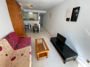 sala de estar con sofá y TV en Apartamentos Sotavento Altamar, en Alcossebre