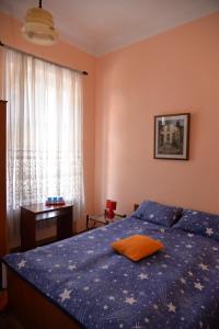 Un dormitorio con una cama azul y una ventana en APARTMANI STARI GRAD PRIBOJ en Priboj