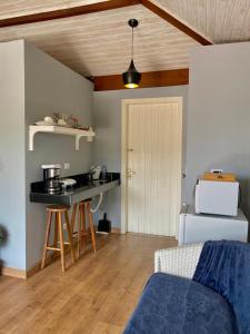 a living room with a kitchen with a counter top at Suite Lavanda in Santo Antônio do Pinhal