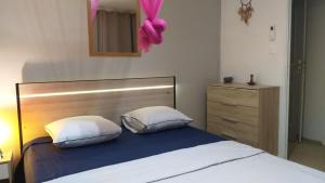 a bedroom with a bed with two pillows and a mirror at Agréable F2, jardin, garage, fibre, clim ch in Fort-de-France