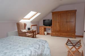 ein Schlafzimmer mit einem Bett, einer Kommode und einem TV in der Unterkunft Creeghduff Lodge in Downpatrick