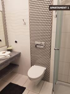 a white bathroom with a toilet and a shower at Kamienica Grand Starówka in Elblag