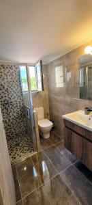 a bathroom with a toilet and a shower and a sink at Gregory's Apartment in Néa Palátia