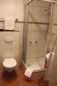 a bathroom with a shower and a toilet at Stadt-Gut-Hotel Zum Rathaus in Oberhausen