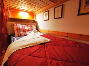um quarto com uma cama com um edredão vermelho em DaPolo - Cosy appartment in Val di Fassa em Campestrin