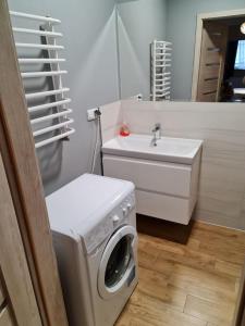 een wasmachine in een badkamer met een wastafel bij Pod Beczką in Augustów