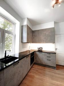 a kitchen with stainless steel appliances and a window at Luxurious 68m2 2BR 3-Room River View Apt in the heart of Pärnu in Pärnu