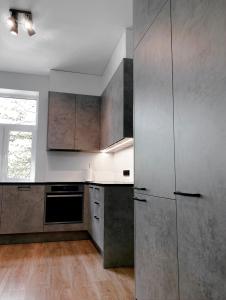 a kitchen with stainless steel appliances and a window at Luxurious 68m2 2BR 3-Room River View Apt in the heart of Pärnu in Pärnu