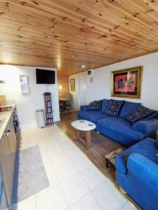 a living room with a blue couch and a table at The Nook @ Rowan Tree Cottage in Ballymoney