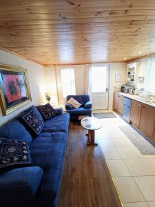 a living room with a blue couch and a kitchen at The Nook @ Rowan Tree Cottage in Ballymoney