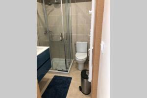 a bathroom with a toilet and a glass shower at Appartement au calme dans un espace arboré in Tourrettes-sur-Loup
