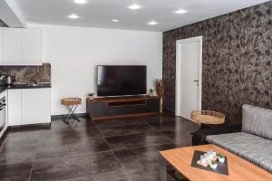 un soggiorno con TV, divano e tavolo di Concept Apartments Budiului 42 a Târgu-Mureş