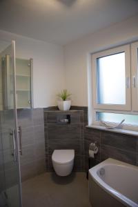 een badkamer met een toilet, een wastafel en een raam bij moderne Neubau-Wohnung mit Kamin und 35qm Dachterrasse in Trossingen