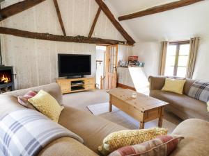 a living room with two couches and a tv at Cyffdy Cottage - Arenig in Bala