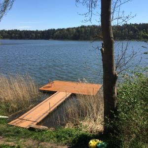 a wooden dock in the middle of a lake at Wikno 3 Woda i Las in Wikno