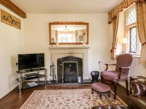 River Lodge في أشبورن: غرفة معيشة فيها موقد وتلفزيون