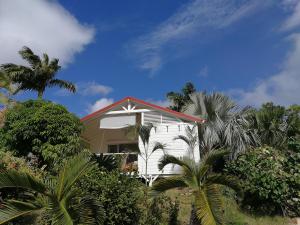 a white house with palm trees in front of it at Infiniti Blue in Bouillante