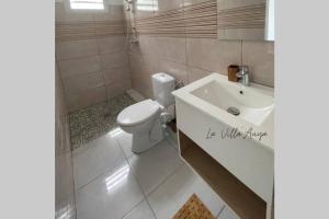 a bathroom with a white toilet and a sink at Villa Auya entre mer et montagne in Le Carbet