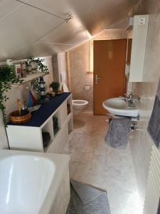 a bathroom with a sink and a tub and a toilet at Backpacker Bären in Urnäsch