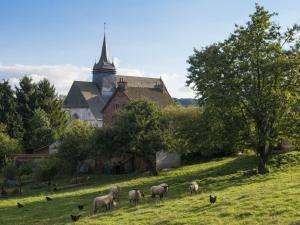 a group of sheep grazing in a field in front of a church at Gîte Beauvoir-Wavans, 3 pièces, 4 personnes - FR-1-376-28 in Wavans