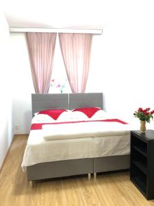 a bedroom with a large bed with red and white pillows at Lena Apartment in Prague