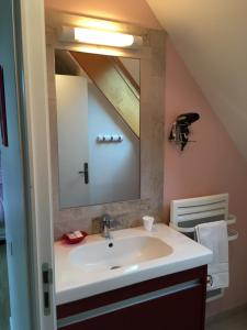 een badkamer met een wastafel en een spiegel bij Ferme BROCART in Bouvines