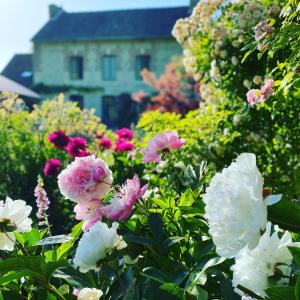 un jardín de flores con una casa en el fondo en La Maison d'Aline - Honfleur - Maison d'Hôte De Charme A La Normande, en Honfleur