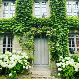 une maison avec une porte bleue et quelques fleurs dans l'établissement La Maison d'Aline - Honfleur - Maison d'Hôte De Charme A La Normande, à Honfleur
