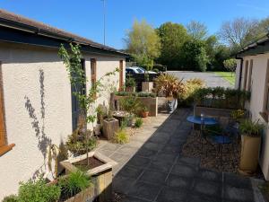 a garden with potted plants on the side of a house at The Cross Guest House in Mablethorpe